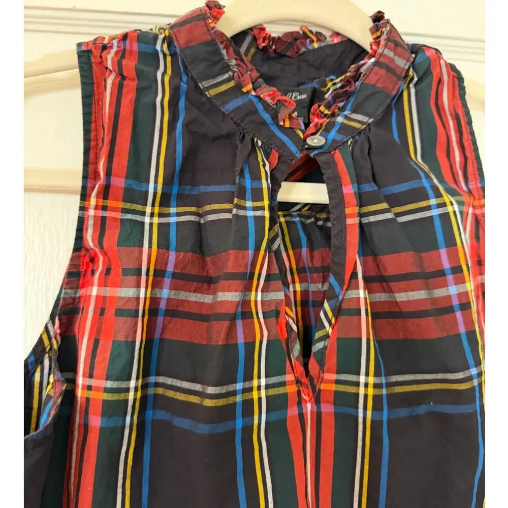 J.Crew Plaid Sleeveless Ruffle Neck Top Tartan Size 4